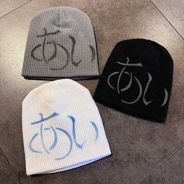 Y2K Japanese Sanskrit Letter Print Knitted Hat Autumn and Winter Street New Unisex Warm Personal Versatile Fashion Niche Beanies X251028