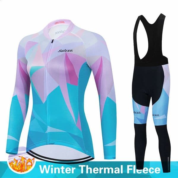 Warm Salexo Winter Thermal Fleece Cycling Clothes Women Jersey Suit Outdoor Bike MTB Clothing Bib Pants Set Ropa Ciclismo 251024BJ