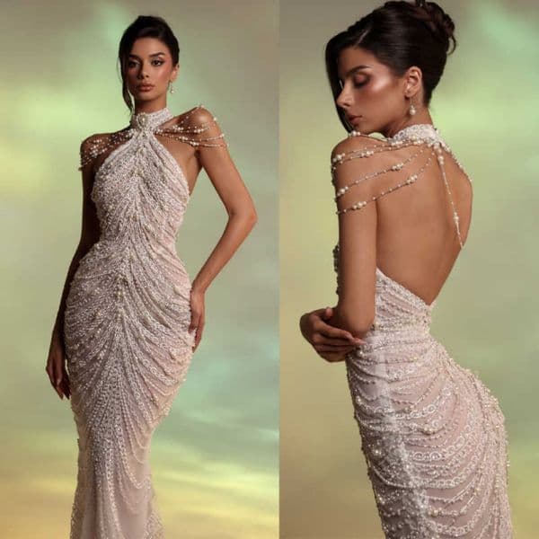 Graceful Pearls Mermaid Evening Dresses High Neck Sleeveless Prom Gowns Beadeds Formal Occasion Customized Dresses