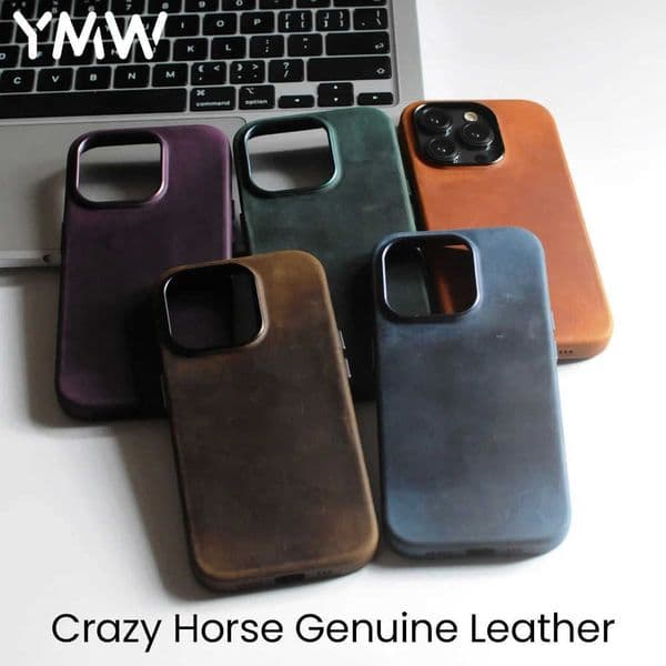 YMW Scratc Crazy Horse Genuine Leather Case for iPhone 16 15 Pro Max Plus 14 13 mini Magnetic PULLUP Cowhide Phone Cover M251029