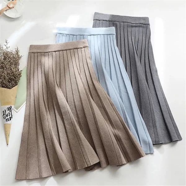 Women Knitted Midi Skirt Elegant Black ALine High Waist Pleated Long Skirt Korean 2024 Spring Autumn Winter Faldas Femme Jupes 251028