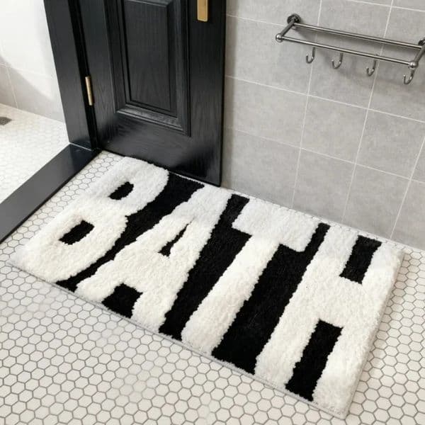 1pc BATH Print NonSlip Bath Mat Super Absorbent Bathroom Rug Soft Shaggy Carpet for Floor Black White 251028