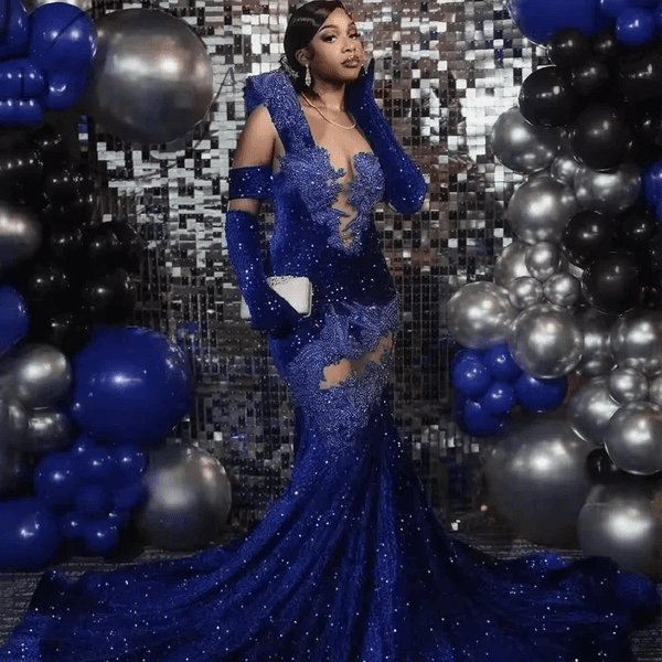 Royal Blue Velvet Mermaid Prom Dress Beaded Lace Sweep Train V Neck Illusion Long Sleeve Built In Bra Natural Waist Formal Evening Gown for Arabic Women