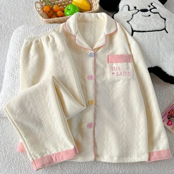 Embroidery Letter Fashion Womens Pajamas Set Autumn Winter Casual Soft Sweet Loungewear Lapel Neck HomeWear Suit 251029BJ