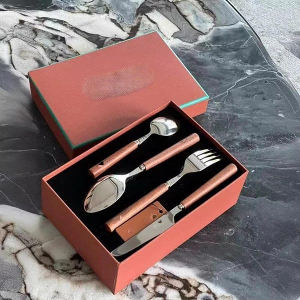 304 Stainless Steel Handle Spoon, Simple Solid Wood Knife, Fork, 4-Piece Of Western Tableware Set B2