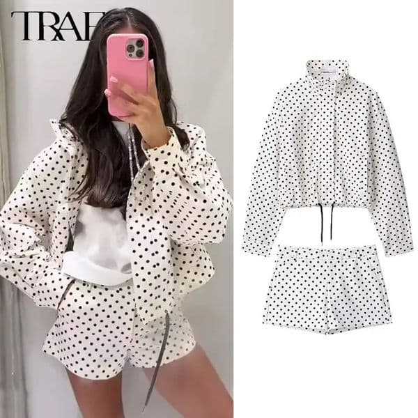Polka Dot Shorts Jacket Set Women Loose Lapel Zipper Long Sleeved Coat Drawstring Short Pant Autumn Street Lady Suit 251029