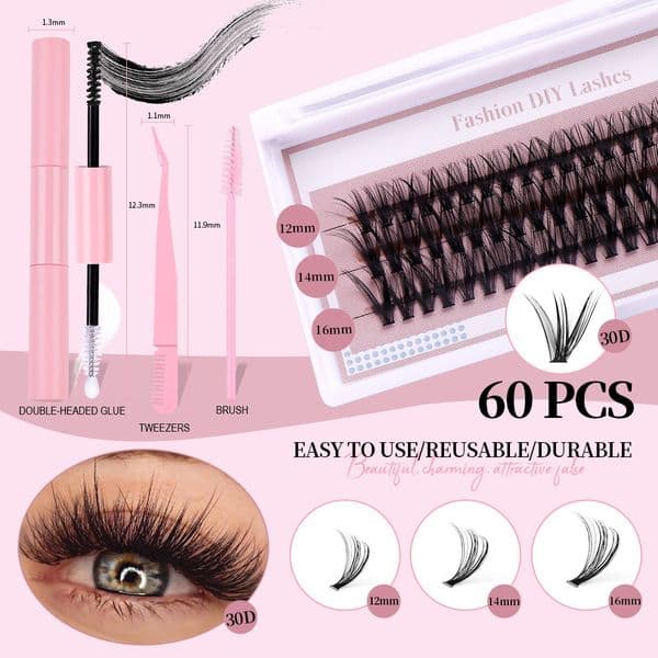 60 Clusters DIY Lashes Kit Thick Fluffy DIY Segmented Eyelash Extensions Handmade Reusable Individual Eyelashes Soft Natural Look Grafted Lashes