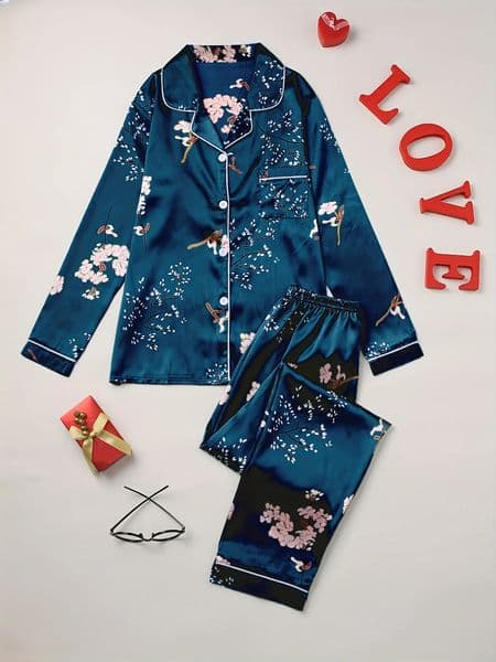 Floral Random Print Pajamas Set Long Sleeve Blouse Top Elastic Waistband Pants Womens Loungewear Sleepwear 251029BJ