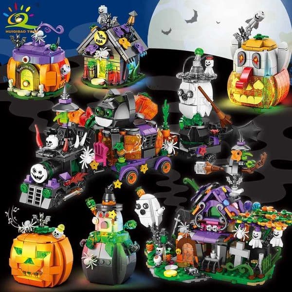 HUIQIBAO Halloween Model Building Blocks Ci Pumpkin Ghost House Train Car MOC Bricks Set Toy for Children Home Decoration Gift Z251029