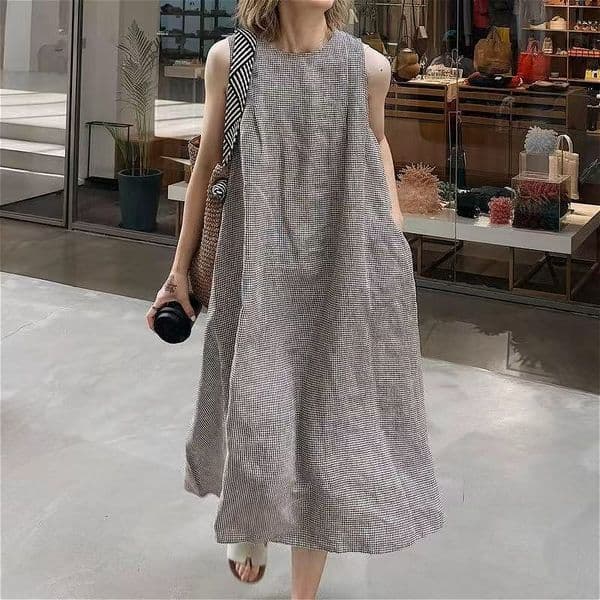 659 Summer New Women Korean Single 100% Yarn-dyed Linen Retro Lazy Plaid Large Size Sleeveless Vest Dress