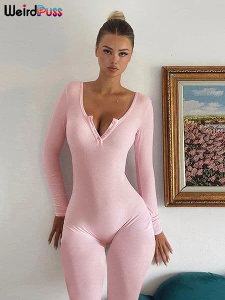 Weird Puss Fitness Button LowNeck Casual Jumpsuit Women Autumn Fashion Ribbed Stretch Full Sleeve Basic BodyShaping Overalls 251029BJ