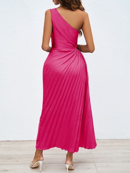 (520) Ladies summer new French style one shoulder oblique collar pleated hollow dress