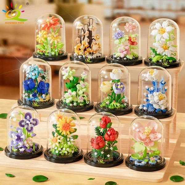 HUIQIBAO MOC Eternal Bouquet Display Box Micro Building Blocks Flower Model DIY Home Desk Plant Decoration Brick Toy For Childre X251029