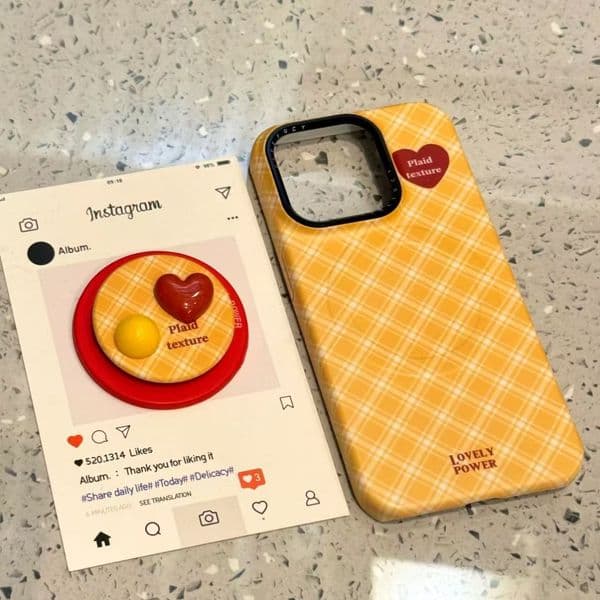 Korean Style Simple Plaid Heart Magnetic Stand Compatible with iPhone 16 Pro Max Apple 15 Phone Case 14 New Model