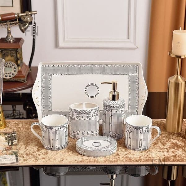 Simple Ceramic Bathroom Set Luxury Bath Accessory Set Bone China Mouthwash Cup Shower Lotion Bottle Soap Box Line Tray 6-piece Set