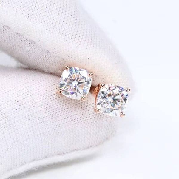 Fine14K Solid Gold Jewelry 6mm 1ct Version Total 2 Carat Per Pair Cushion Cut 18K Rose Gold Moissanite Studs Earrings