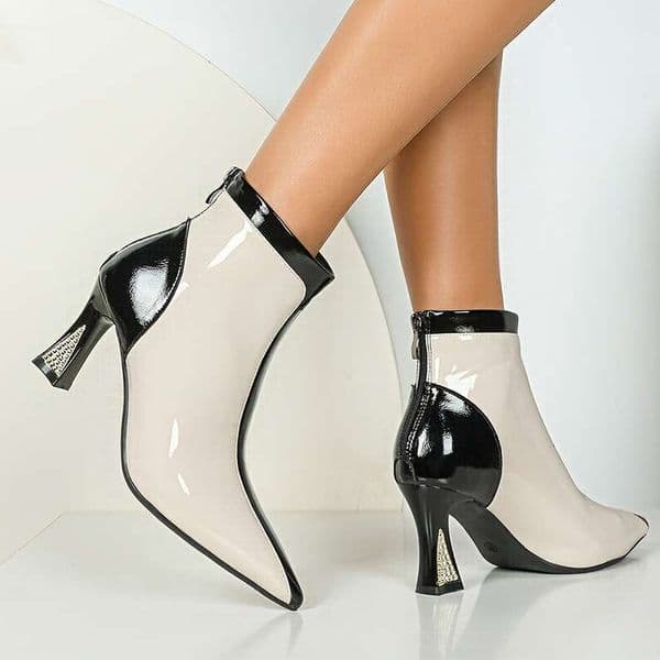 Women's Elegant Chunky Ankle Boots - Pointed Toe, Black White Color Block PU Cover Upper TPU Sole, Zipper Closure, Retro Style For Casual & Wear, High Heel