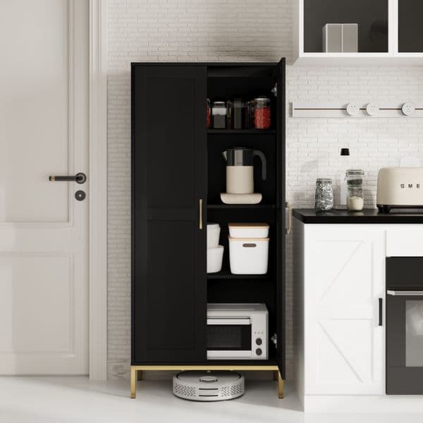 Modern 2-Door Kitchen Cutlery Storage Cabinet Black White Multi-Color Tall Cabinet with Gold Accents, Stylish Storage Furniture for Kitchen Dining Room