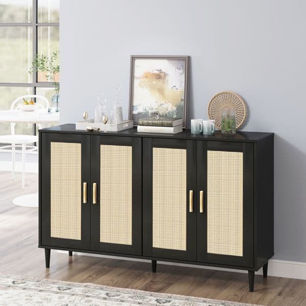 Modern Rattan-Trimmed 4 Door Buffet Sideboard, Black/White Storage Cabinet with Gold Handles Ideal for Kitchen Living Room Dining Room Coffee Bar