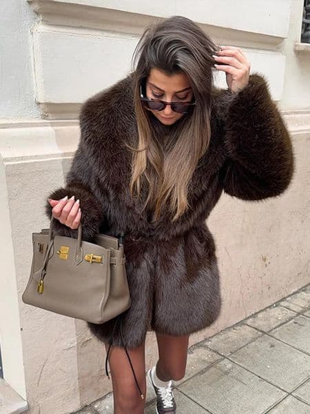 With Belt Fur Coat Fluffy Large Heart Shaped Waist Cinching Deep V Mid Length Overcoat Warm Plush Women Trend Outwear Winter Top 251029