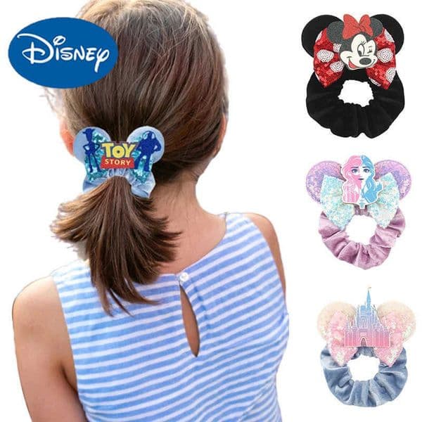 Disney Minnie Ears Cartoon Hair Scrunchies Velvet Hairbands For Girl Sequins Bows Elastic Headband Women Kids Party DIY Decorat H251030