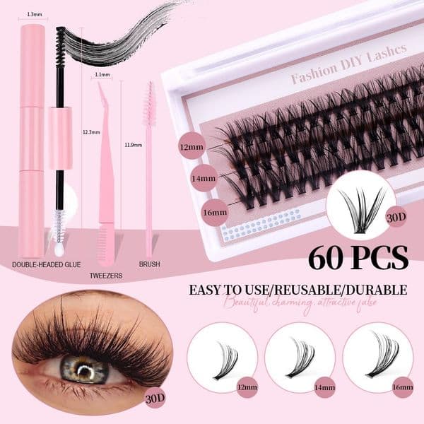 Thick Fluffy DIY Cluster Lashes Kit 60Pcs Individual Eyelashes Soft Lightweight Hand Made Reusable D Curled Grafted Lashes Accessory DIY Eyelash Extensions