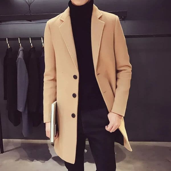 Men Long Cotton Coat Autumn Winter Wool Blend Pure Color Casual Business Fashion Slim Windbreaker Jacket Men Clothing 251030