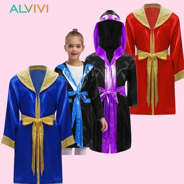 Kids Boys Sequins Trim Satin Muay Thai Boxing Robe Thai Kickboxing Costume with Sequined Belt Boxing Match Training Outfit 251028BJ