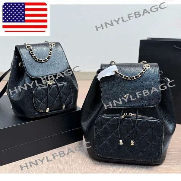 Women Designer Black Flap Backpack Bag Diamond Lattice Pocket Grained Calfskin Leather Gold Hardware Adjustable Shoulder Strap Metal Chain Stylish Handbag
