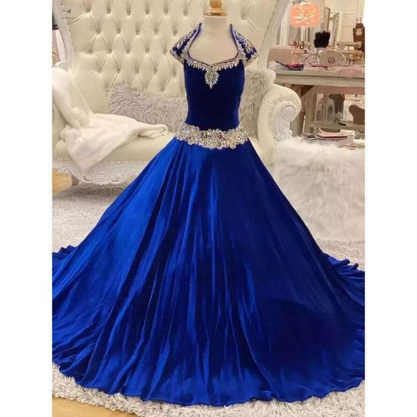 Royal-Blue Velvet Pageant Dresses For Infant Toddlers Teens Cap Sleeve Ritzee Roise Ball Gown Long Little Girl Party Dress Keyhole Back Beading Bc11759