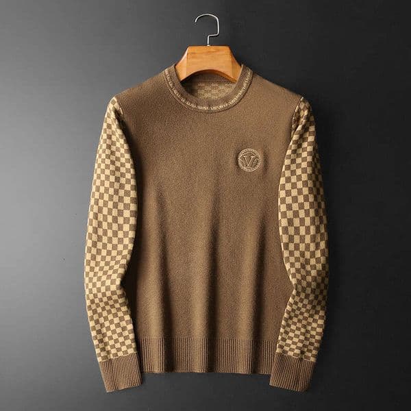 New Winter Men's Wool Round Neck Knitted Sweater Base Shirt Long Stock Available with Checkered Sleeves Casual Fashion Knit Pullover Daily Outfit