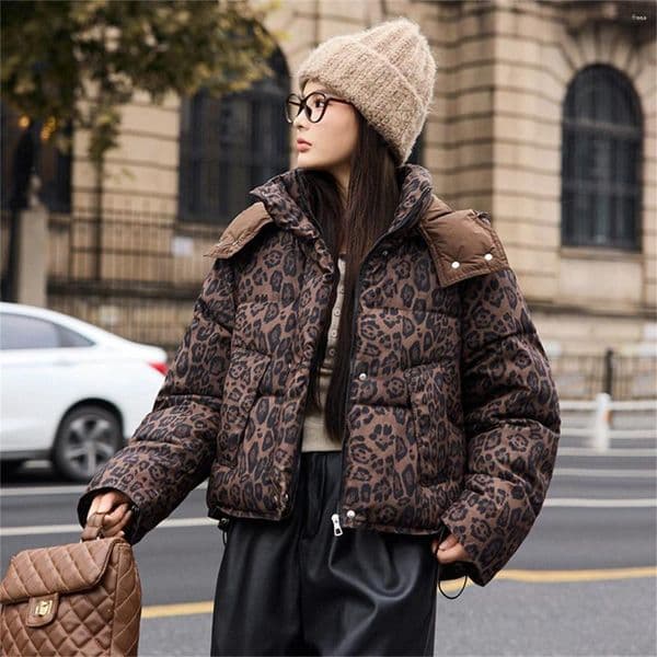 Women's Down High Street Short Leopard Print Cotton Jacket Hooded Fashion Casual Coat Korea Chic Streetwear Personalized Parkas