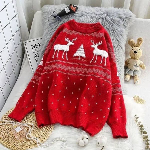 Women Clothing Christmas Fawn Red Sweater Autumn Winter Casual Loose O-neck Long Sleeve Pullovers Sweet All-match Thickening Top ddmytues