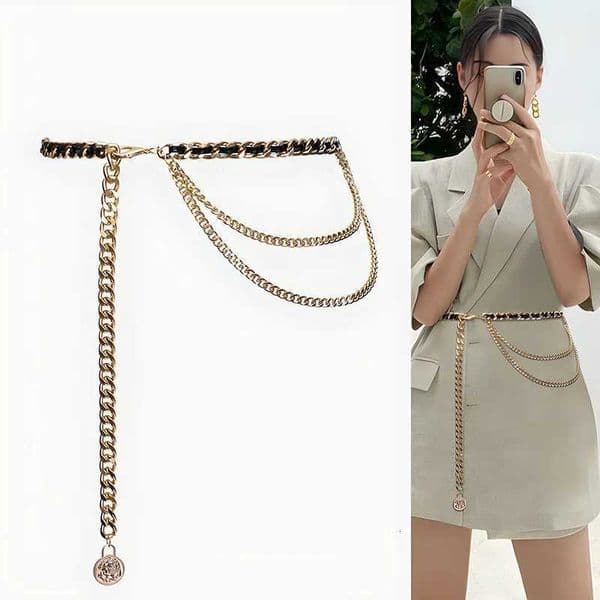 Womens Fashion Belt French Style PU Woven Metal Link Chain Waist Cincher for Dresses and ShirtsW251031