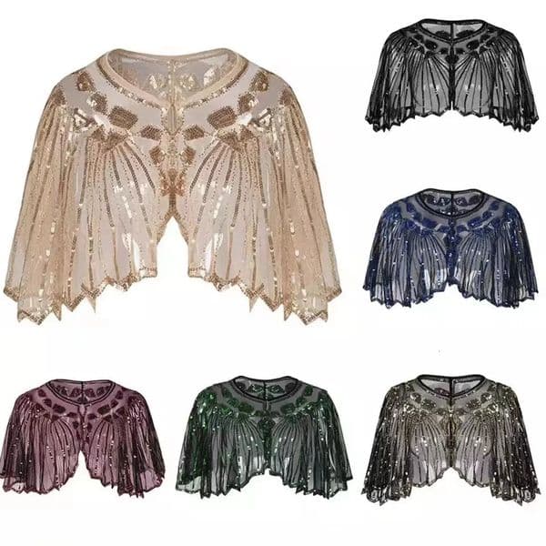Vintage 1920s Flapper Shawl Sequin Beaded Short Cape Beaded Decoration Gatsby Party Mesh Short Cover Up Dress Accessory 251030