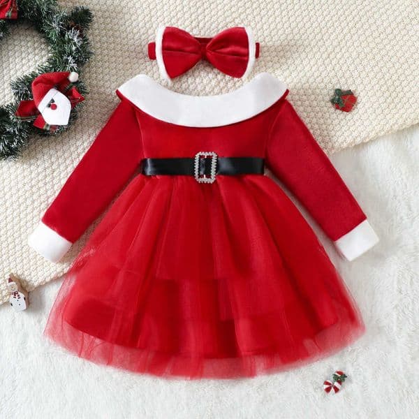 New Christmas dress for girls, fashionable child's velvet dress, mid-length, net princess dress, party dress.L251031