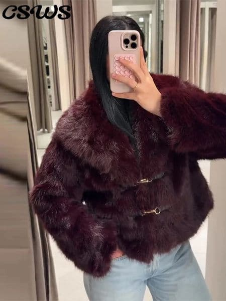 Elegant Burgundy Red Fur Coat Women Loose Warm Lapel Lace Up Full Sleeve Coats Female Chic Thicken Belt Winter Outwear Lady 251030