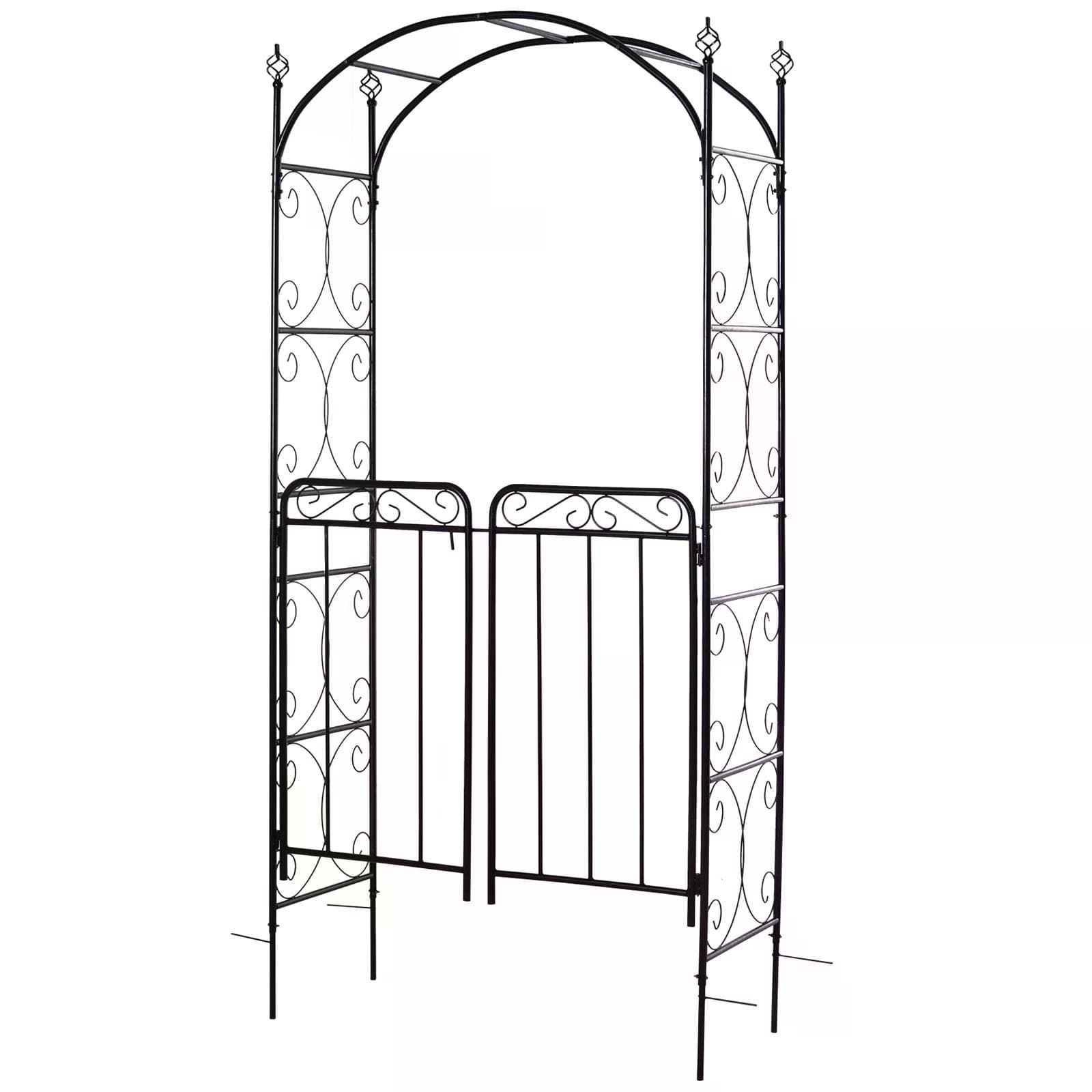 Outsunny Metal Garden Archway, Garden Arch Trellis with Gate for Climbing Plants, 108L x 45W x 215Hcm, Black | Aosom UK