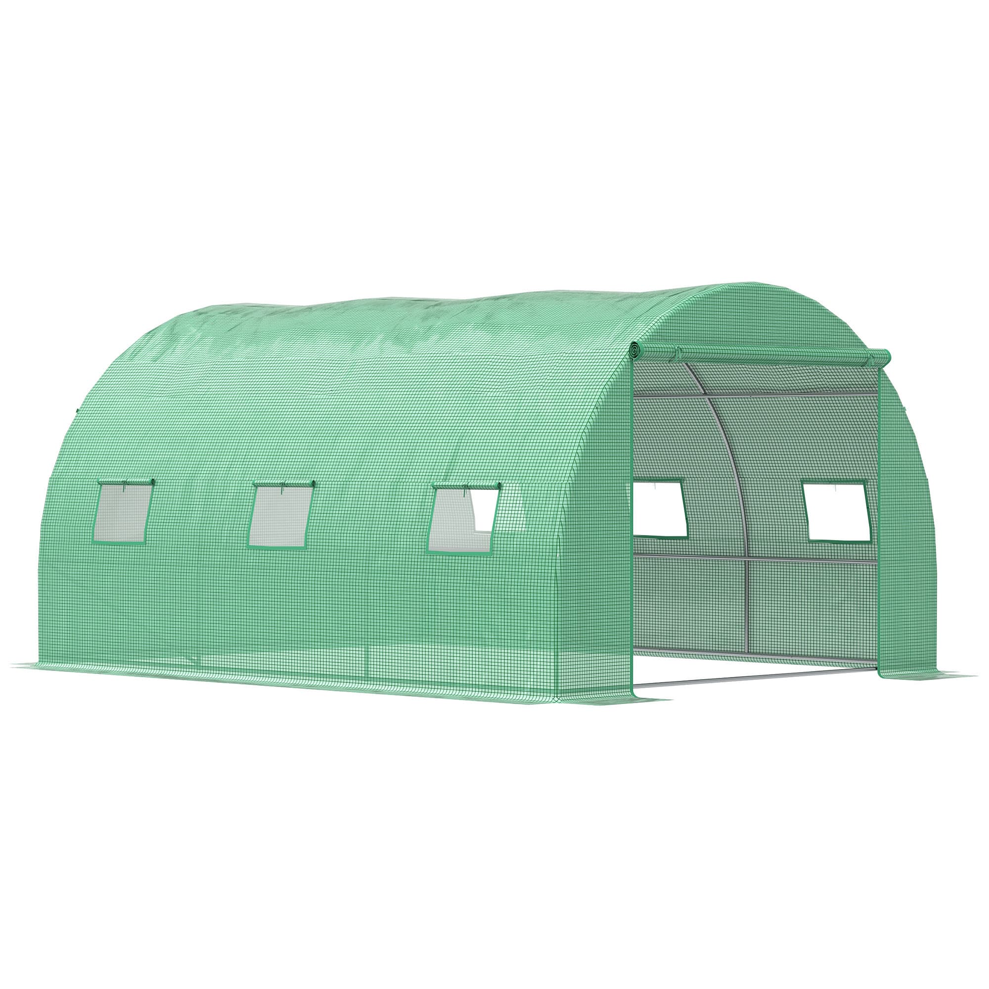 Outsunny Poly Tunnel Greenhouse, Outdoor Garden Greenhouse with PE Cover, Zippered Roll Up Door and 6 Windows, 4 x 3 x 2 m, Green | Aosom UK