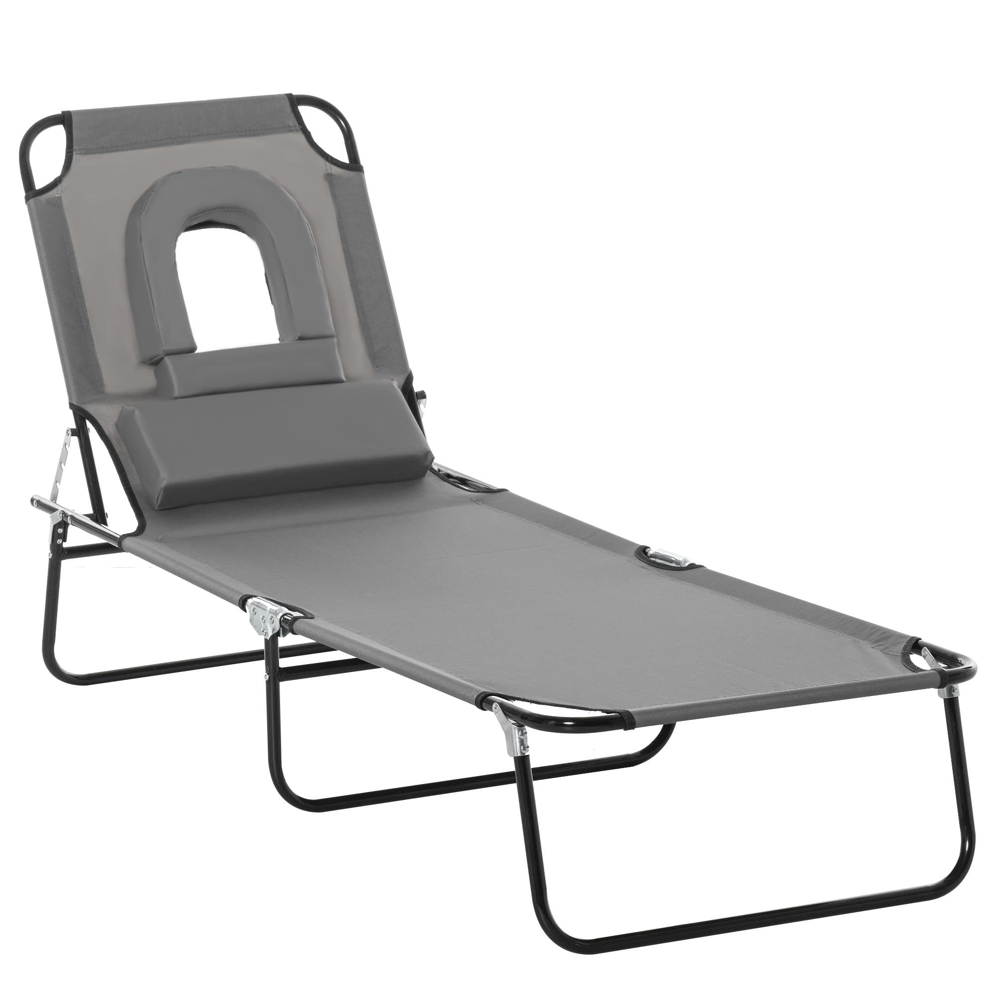 Outsunny Sun Lounger Foldable Reclining Chair with Pillow and Reading Hole Garden Beach Outdoor Recliner Adjustable Grey | Aosom UK