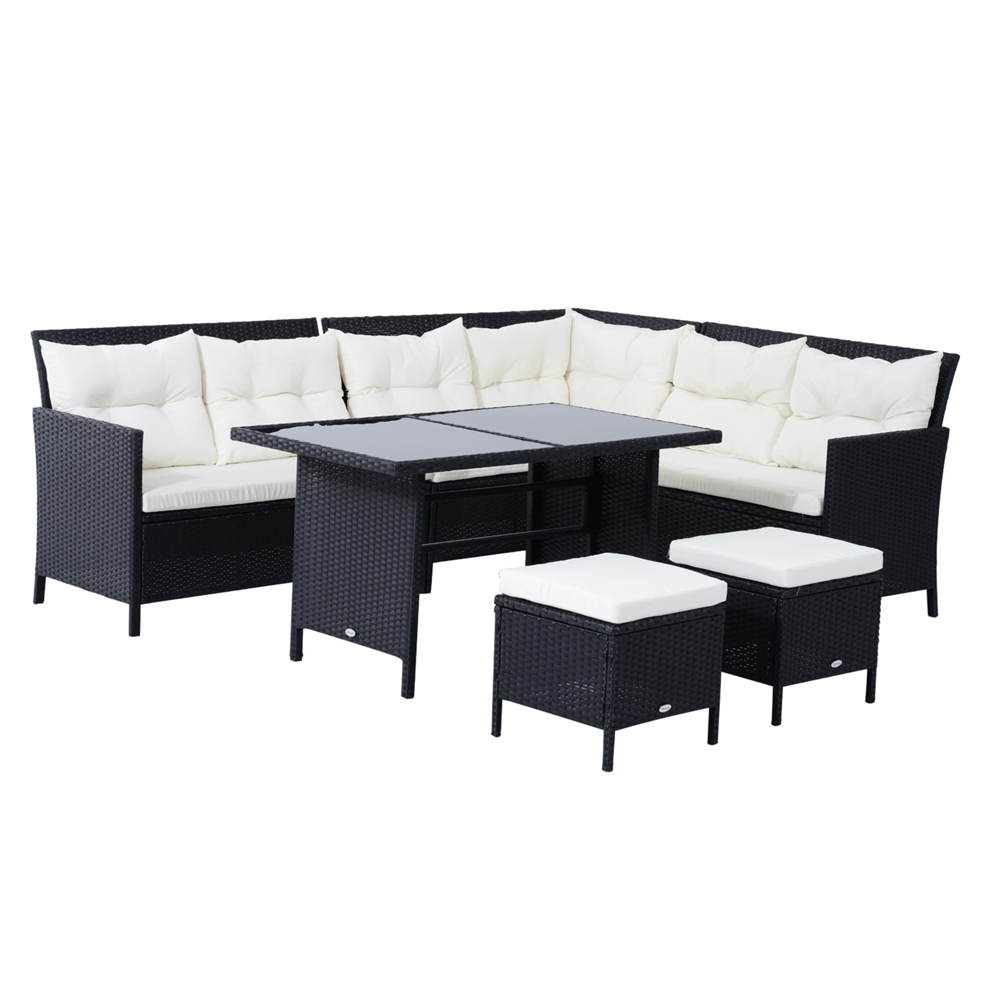 Outsunny 8-Seater Patio Furniture Set, Rattan Corner Dining Set with Wicker Coffee Table and Foot Stool, Black | Aosom UK