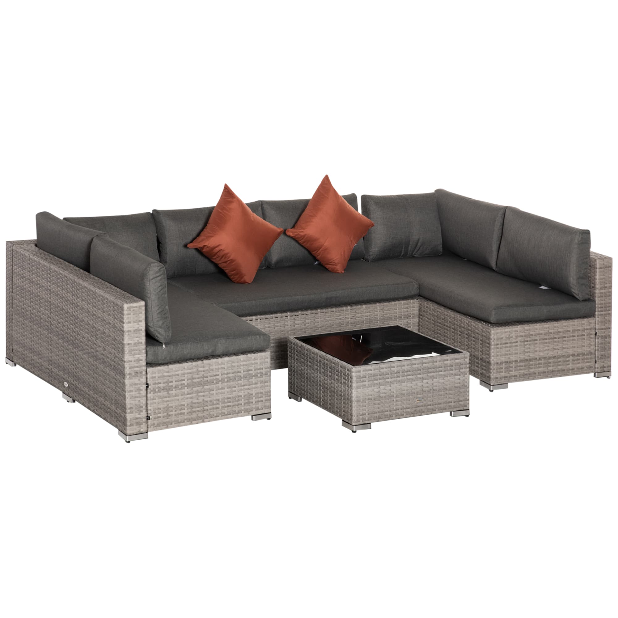 Outsunny 6-Seater Garden Rattan Furniture PE Rattan Sofa Set, Outdoor All Weather Conservatory Furniture, w/ Tempered Glass Coffee Table | Aosom UK