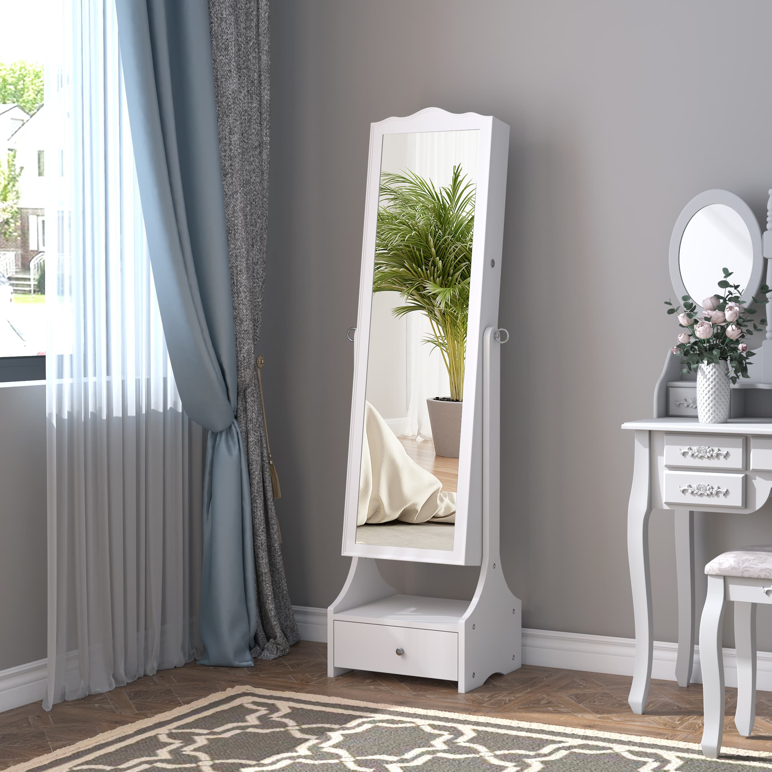 HOMCOM LED Jewellery Cabinet, Floor Standing Mirror Armoire with Flip-over Makeup Shelf and Lock, White | Aosom UK