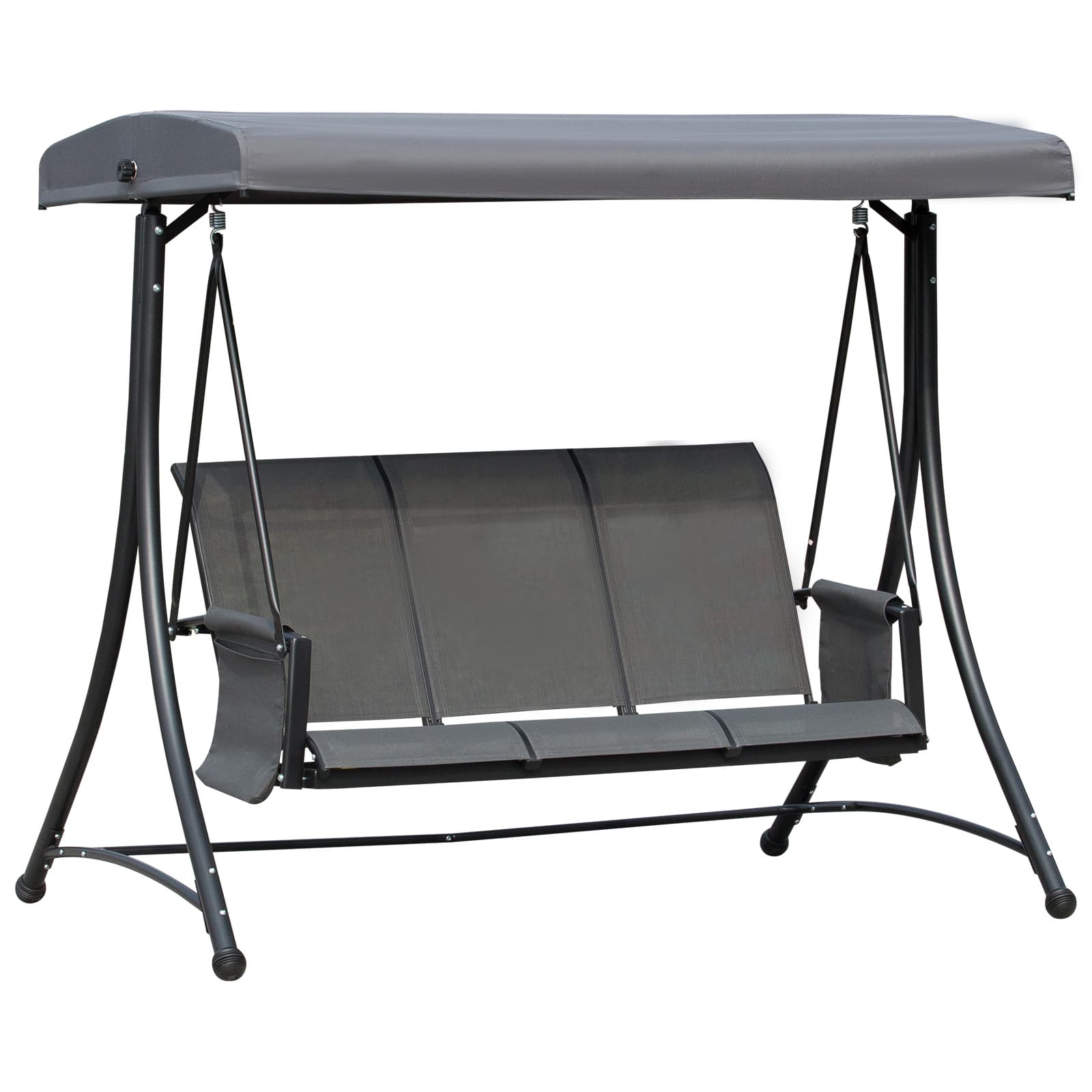 Outsunny 3 Person Outdoor Patio Porch Swing Chair with High Back Design, Side Pouches and Adjustable Canopy, Charcoal Grey | Aosom UK