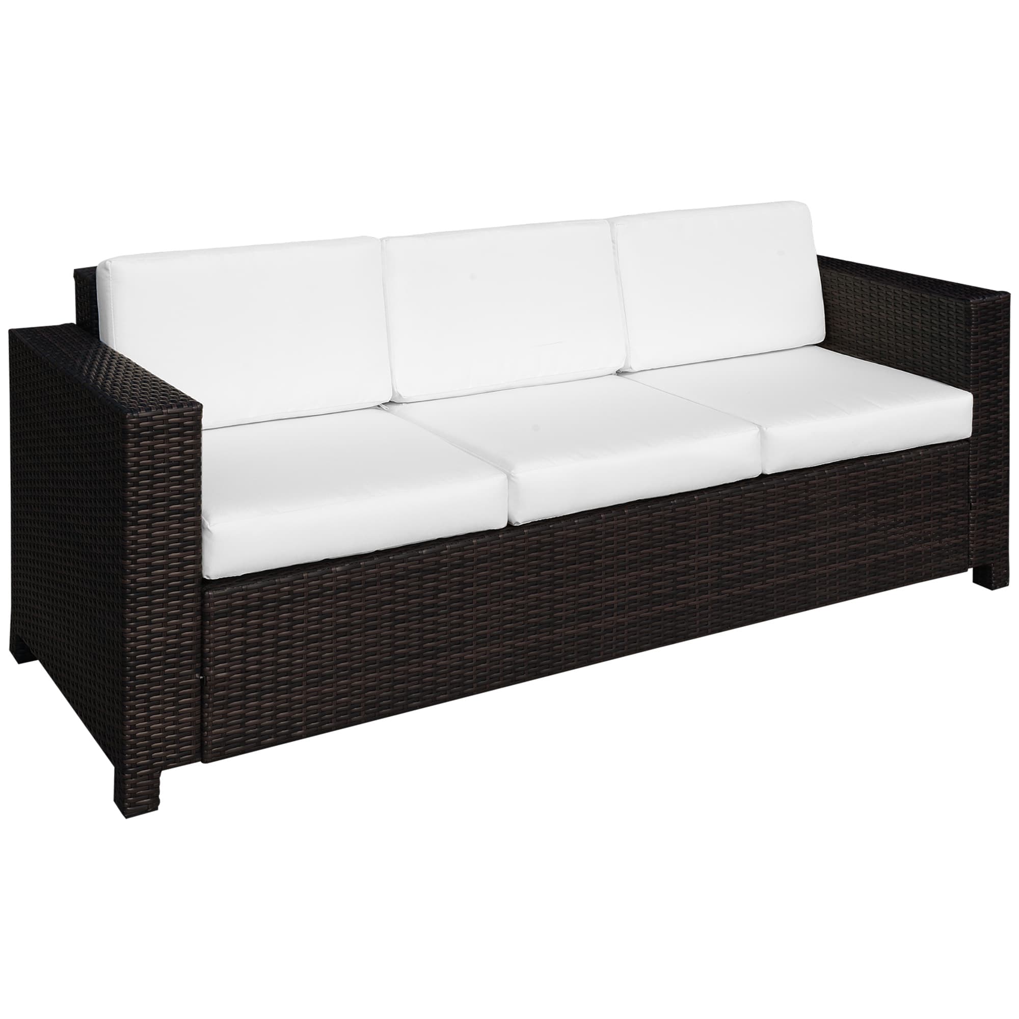 Outsunny 3 Seater All Weather Outdoor Sofa, Weatherproof Outdoor Sofa with Wicker Weave Metal Frame and Fire Resistant Cushion, Brown | Aosom UK