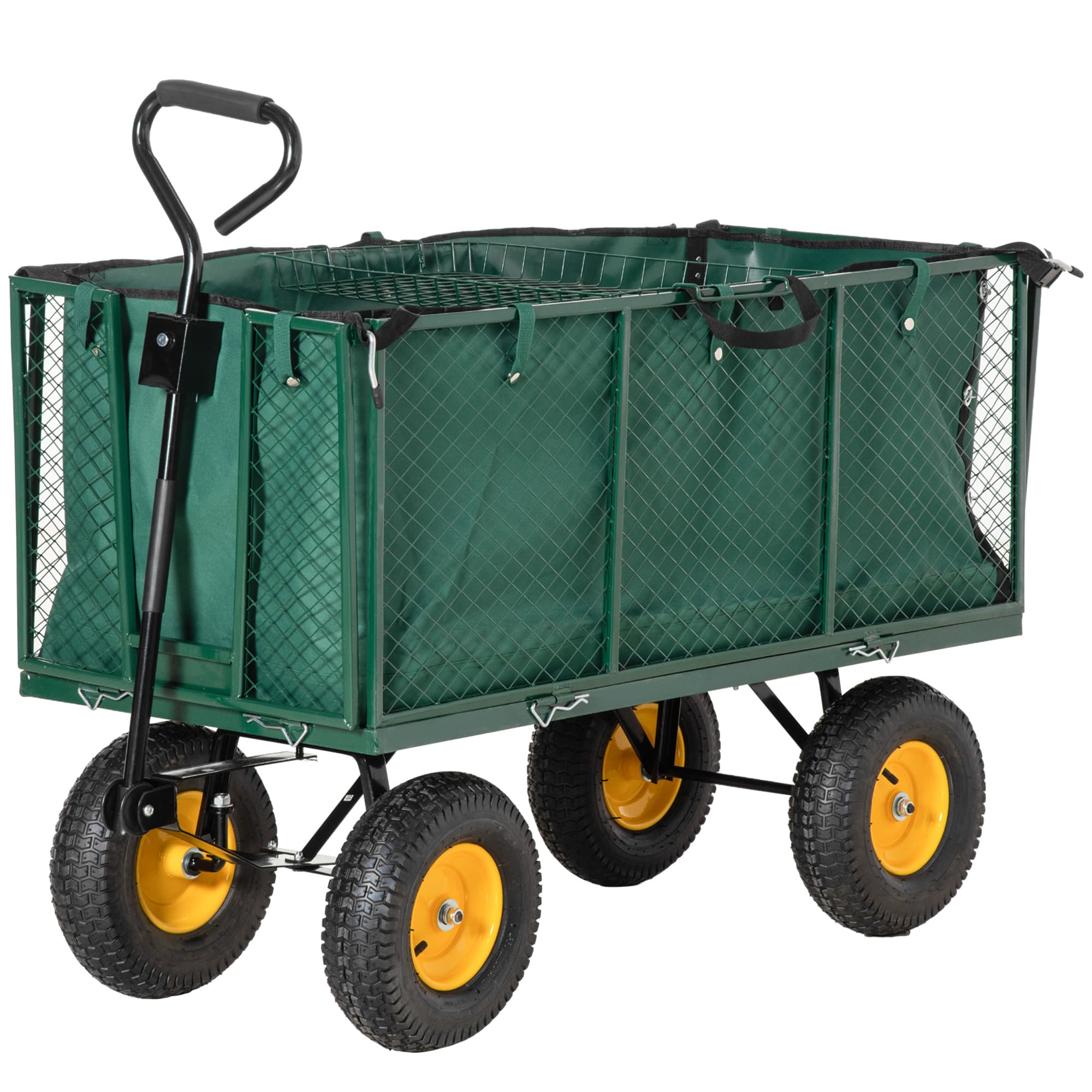 Outsunny Garden Trolley with 4 Wheels, Garden Trolley Cart with Metal Frame, and Pull Handle, Ideal for Gardening Tasks, Green | Aosom UK