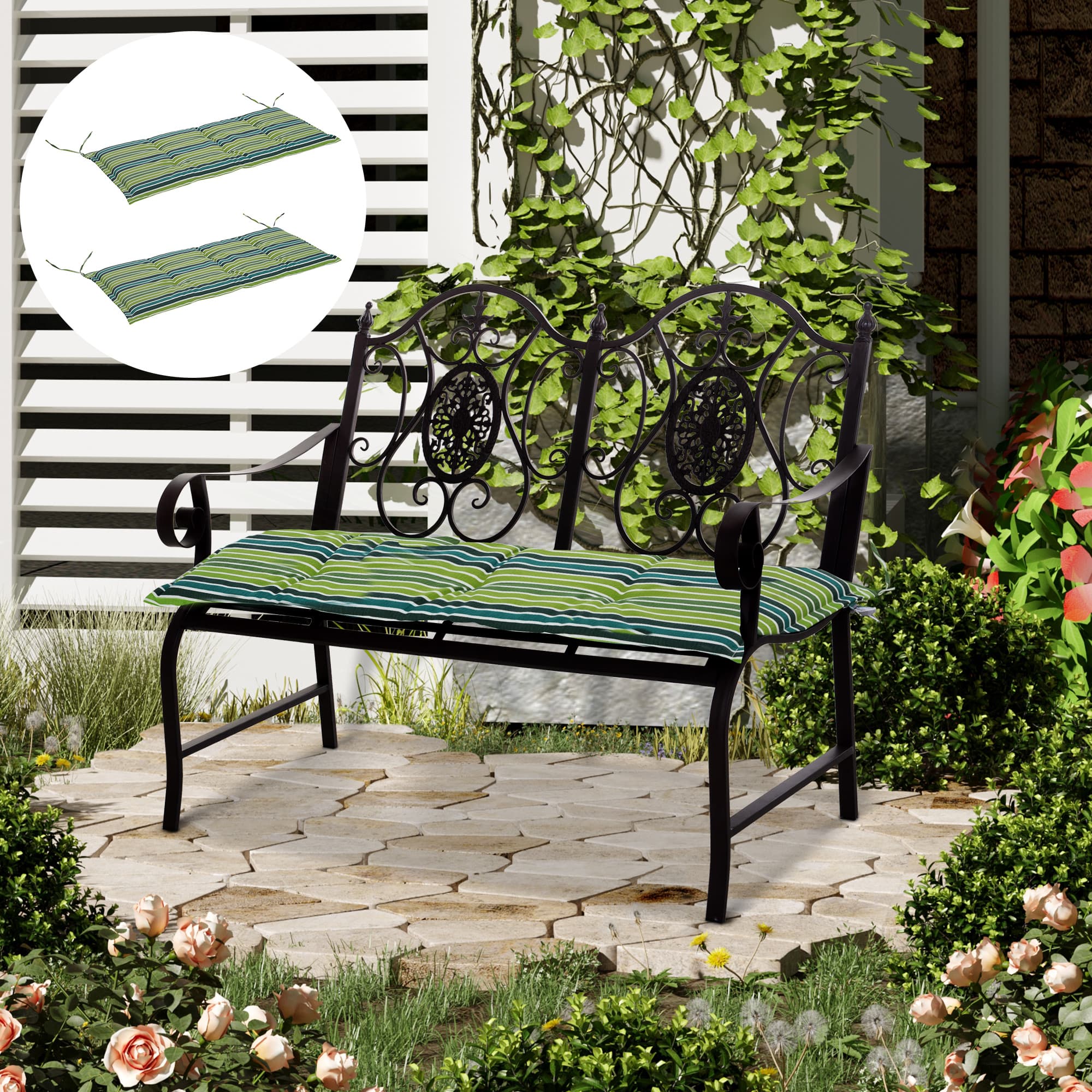 Outsunny Rattan Seating Ensemble: Striped Polyester Cushions for Alfresco Lounging, Set of 2, Verdant Hue | Aosom UK