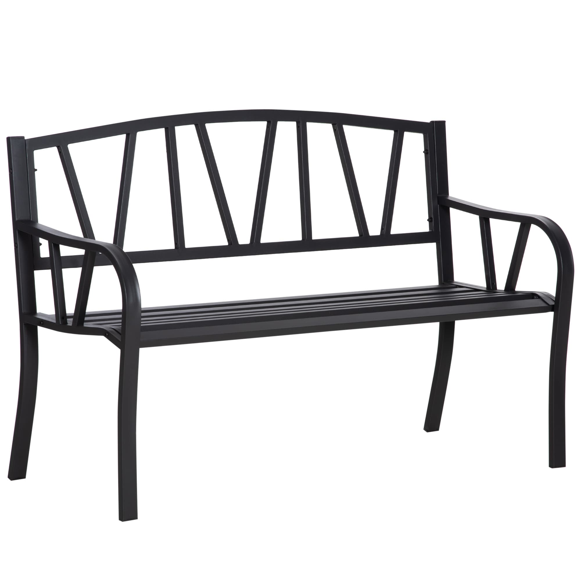 Outsunny 2 Seater Metal Garden Bench, Outdoor Patio Loveseat Chair with Decorative Backrest, Armrests, Weather Resistant Steel, Black | Aosom UK