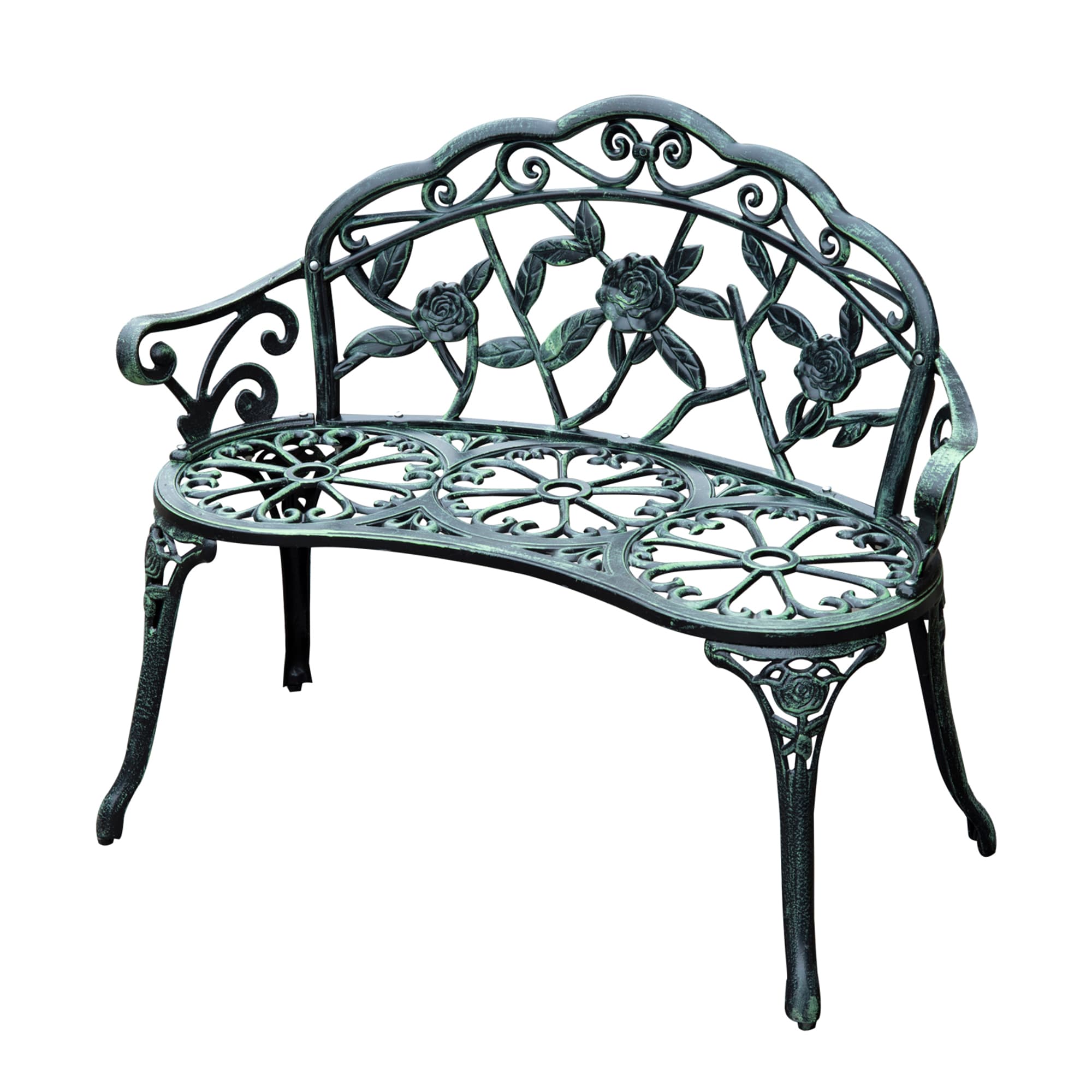 Outsunny Cast Aluminium Outdoor Garden Patio Antique Rose Style Bench Porch Park Chair Seater - Green | Aosom UK