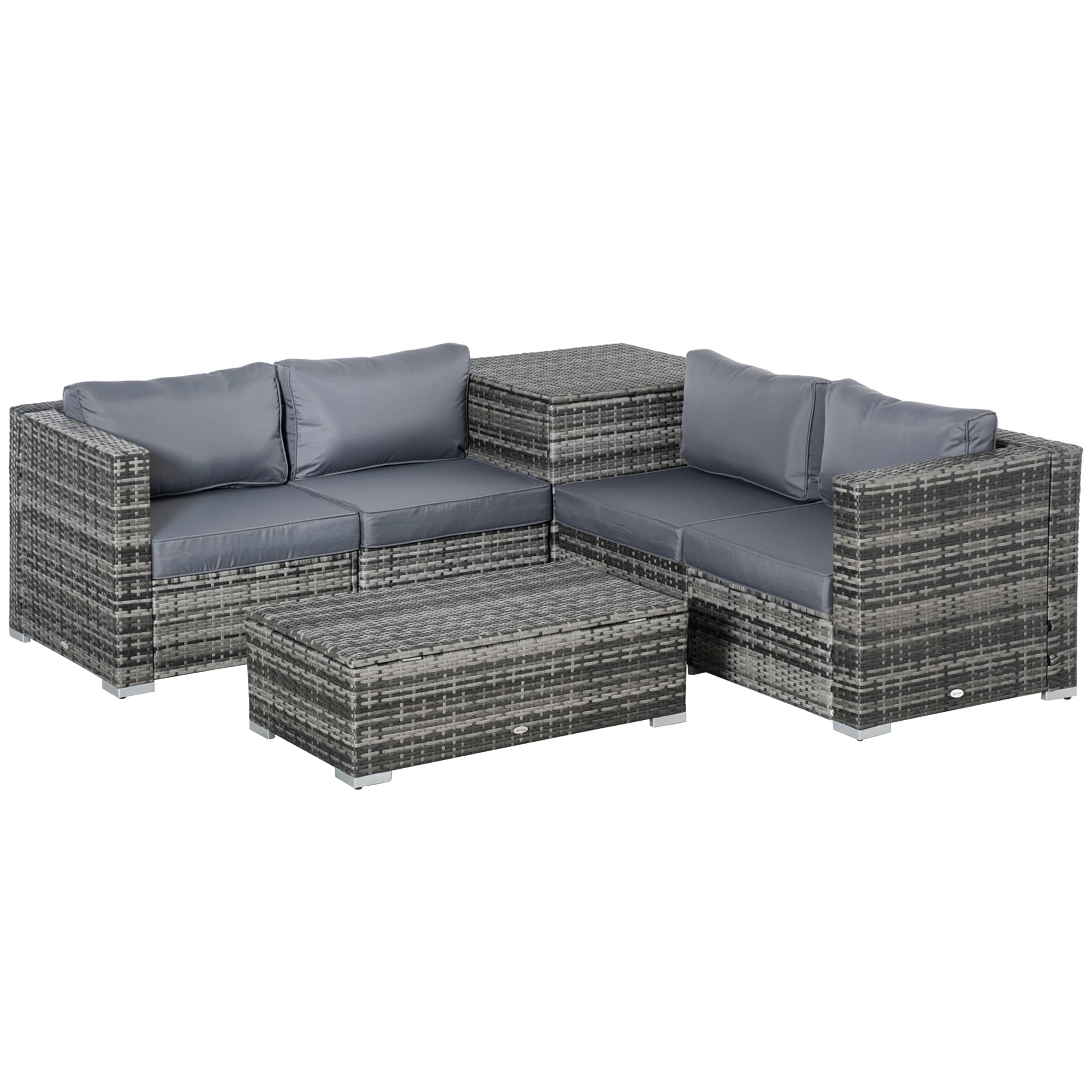 Outsunny 6PC Rattan Corner Sofa Set Wicker 4 Seater Garden Storage Coffee Table Conversation Ottoman Outdoor Weave Furniture w/ Cushion | Aosom UK